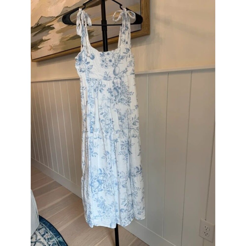 Blu Pepper Blue White Toile Floral Maxi Dress Tie Strap Cottagecore Size S